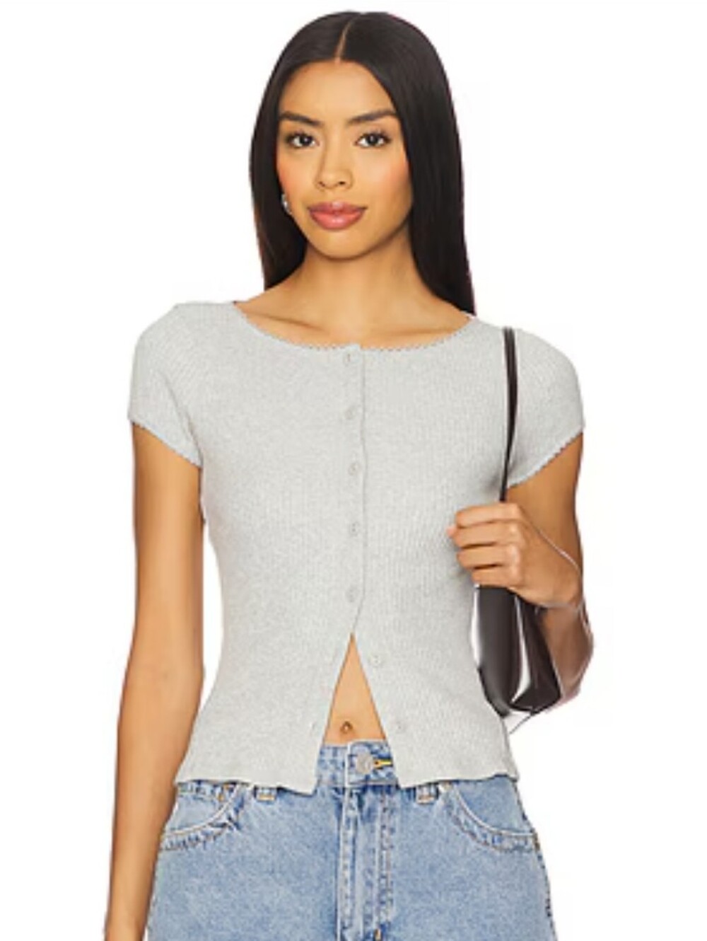 Free People Most Wanted Cardi Light Gray Short Sleeve Button Front Top